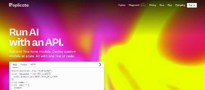 Replicate homepage with headline Run AI with an API and a code snippet on a colorful gradient