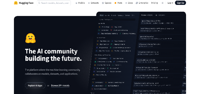 Hugging Face homepage with headline The AI community building the future
