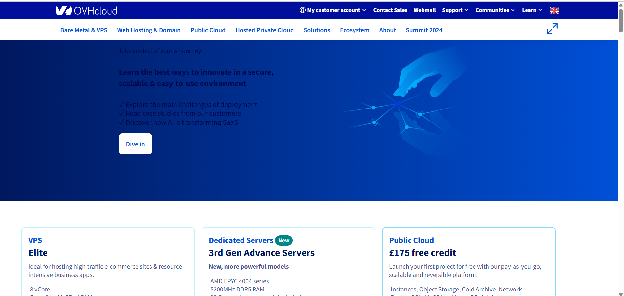 OVHcloud homepage showing VPS, dedicated server, and public cloud offerings