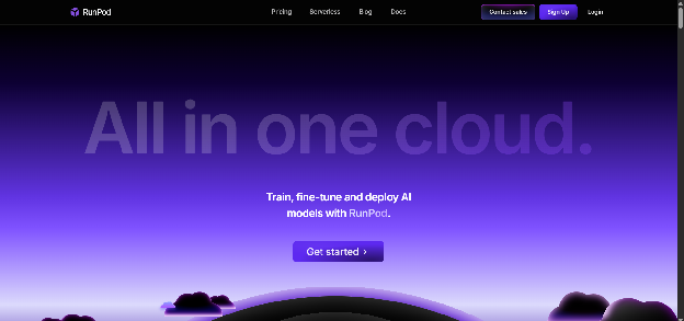 Runpod homepage with headline All in one cloud and tagline Train, fine-tune and deploy AI models