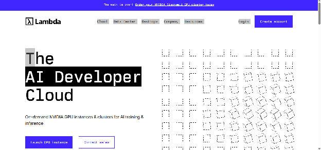 Lambda homepage with headline The AI Developer Cloud, offering on-demand NVIDIA GPU instances and clusters