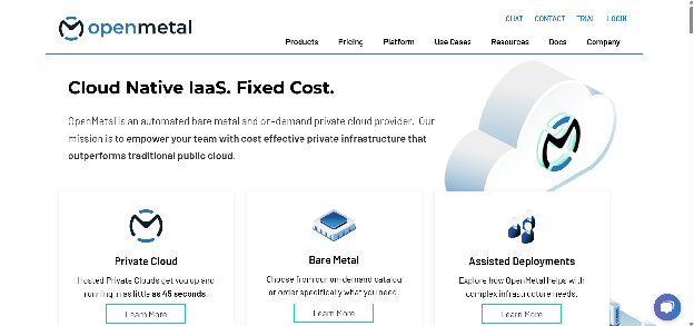 OpenMetal homepage with headline Cloud Native IaaS. Fixed Cost.
