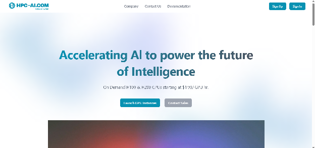 HPC-AI.com homepage with headline Accelerating AI to power the future of Intelligence
