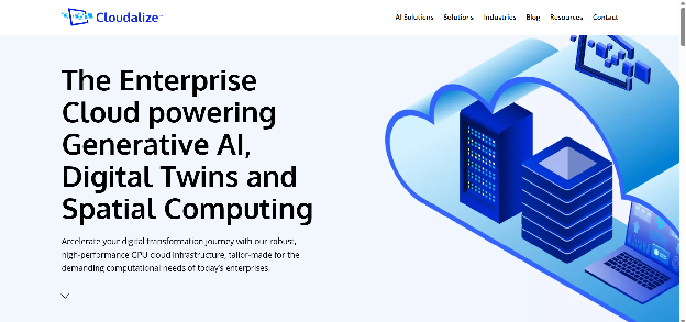 Cloudalize homepage with headline The Enterprise Cloud powering Generative AI, Digital Twins and Spatial Computing