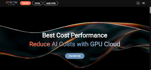 EMETH GPU cloud homepage with headline Reduce AI Costs with GPU Cloud