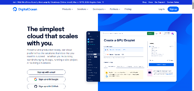 DigitalOcean homepage with headline The simplest cloud that scales with you and a Create a GPU Droplet console panel