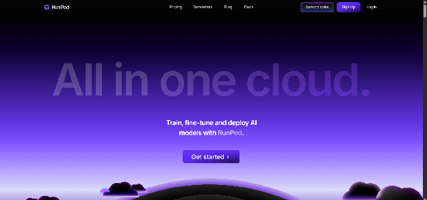 Runpod homepage with headline All in one cloud and tagline Train, fine-tune and deploy AI models