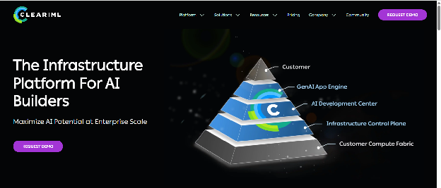 ClearML homepage with headline The Infrastructure Platform For AI Builders and a layered platform pyramid diagram