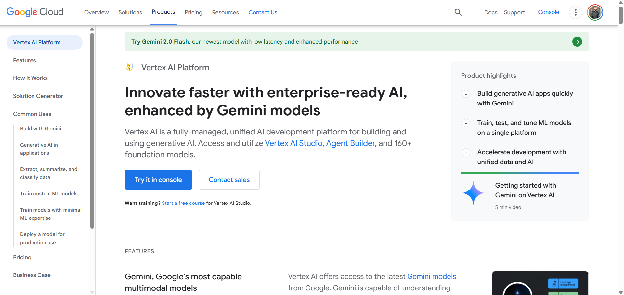 Google Cloud Vertex AI page with headline Innovate faster with enterprise-ready AI, enhanced by Gemini models
