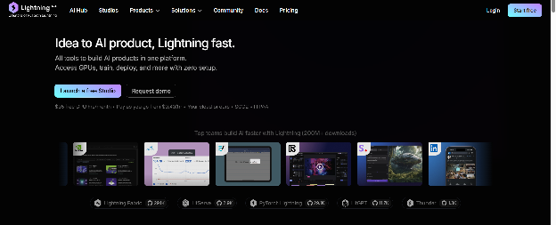 Lightning AI homepage with headline Idea to AI product, Lightning fast