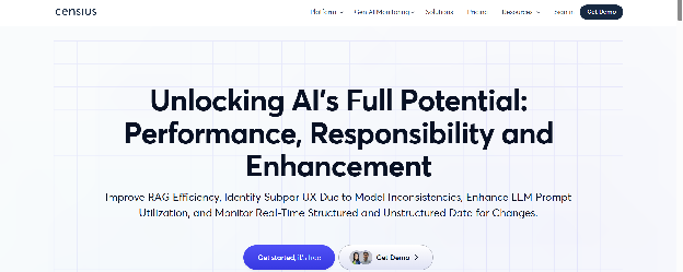 Censius homepage with headline Unlocking AI's Full Potential: Performance, Responsibility and Enhancement