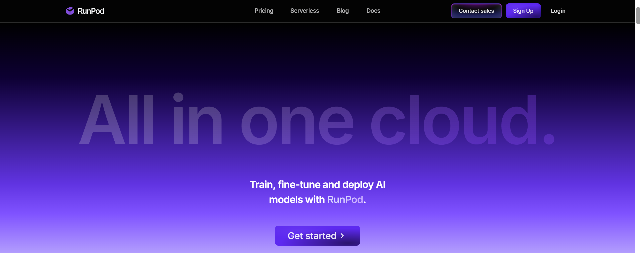 Runpod homepage with headline 'All in one cloud' and a button to get started