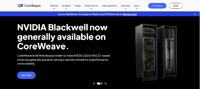 CoreWeave homepage announcing NVIDIA Blackwell general availability, with two server racks pictured