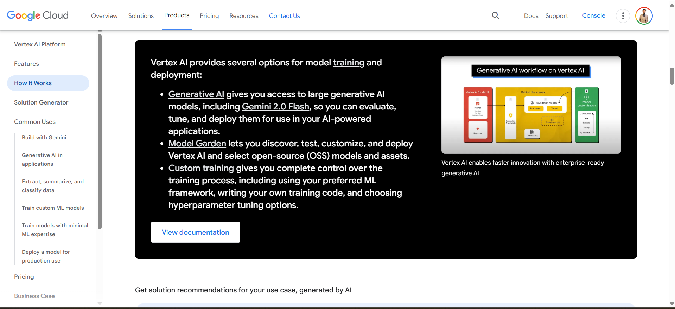 Google Cloud Vertex AI page describing generative AI, Model Garden, and custom training options