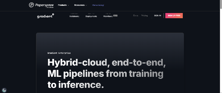 Paperspace Gradient homepage with headline 'Hybrid-cloud, end-to-end, ML pipelines from training to inference'