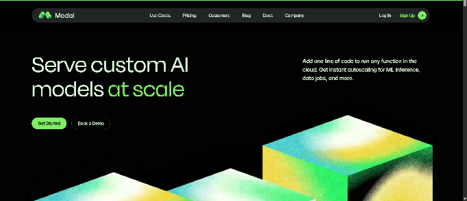 Modal homepage with headline 'Serve custom AI models at scale' and green 3D cube graphics