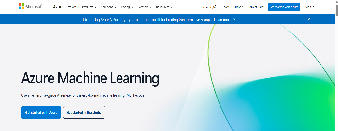 Azure Machine Learning product page with buttons to get started with Azure or in the studio