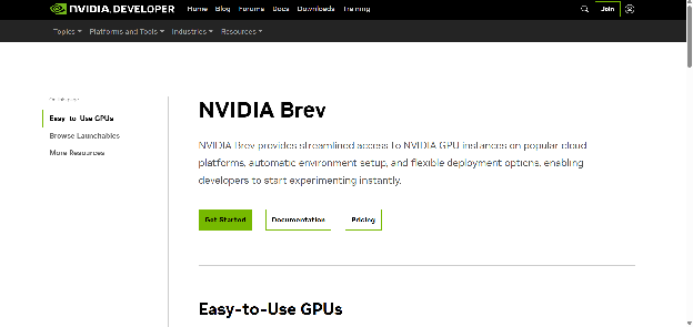 NVIDIA Brev page on the NVIDIA Developer site describing streamlined access to GPU instances