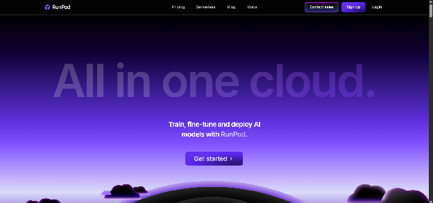 Runpod homepage with headline 'All in one cloud' and a button to get started