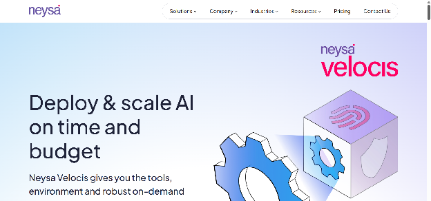 Neysa homepage with headline 'Deploy & scale AI on time and budget' featuring Neysa Velocis
