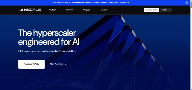 Nscale homepage with headline 'The hyperscaler engineered for AI'