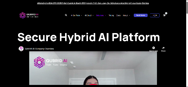 Qubrid AI homepage with headline 'Secure Hybrid AI Platform' and a company overview video