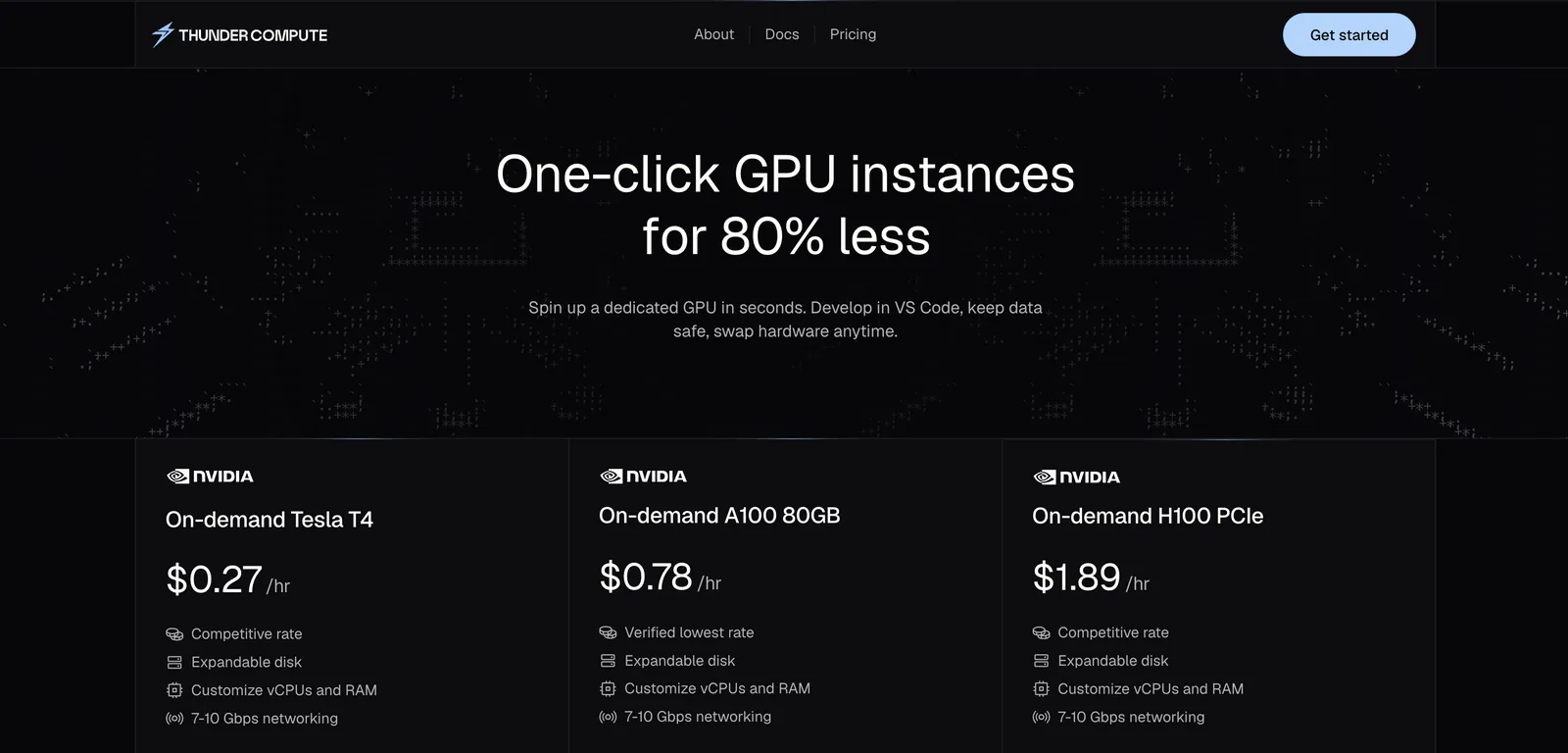 Thunder Compute homepage showing One-click GPU instances headline and on-demand GPU pricing cards