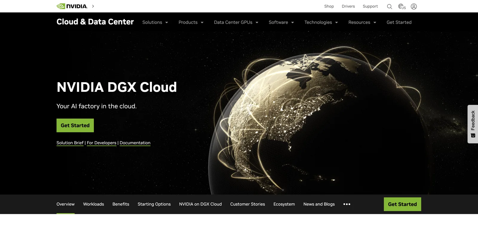 NVIDIA DGX Cloud page with the tagline Your AI factory in the cloud