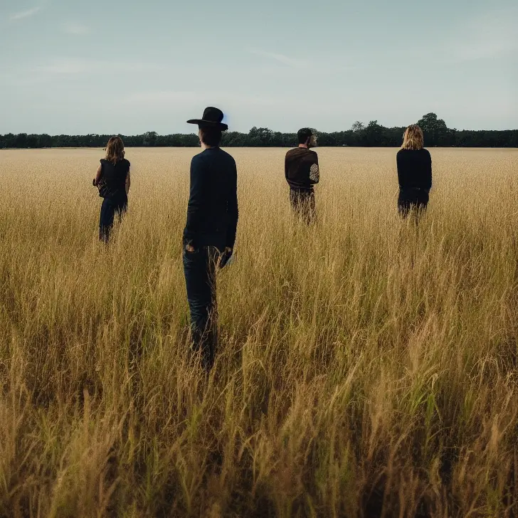 AI-generated image of four figures standing in a field of tall dry grass