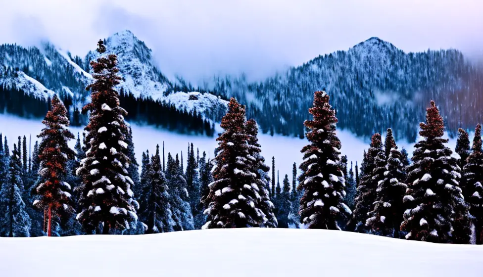 AI-generated winter scene of snow-covered pine trees in front of misty mountains