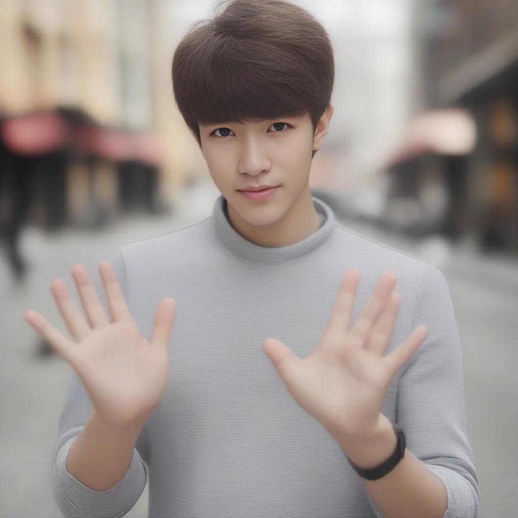 AI-generated portrait of a young man holding up both open hands