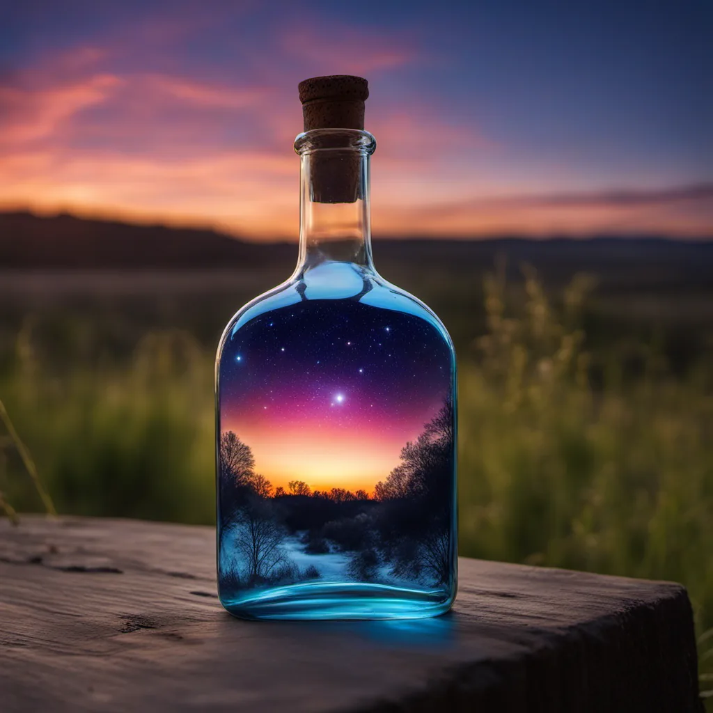 AI-generated image of a glass bottle on a wooden post containing a starry night sunset landscape