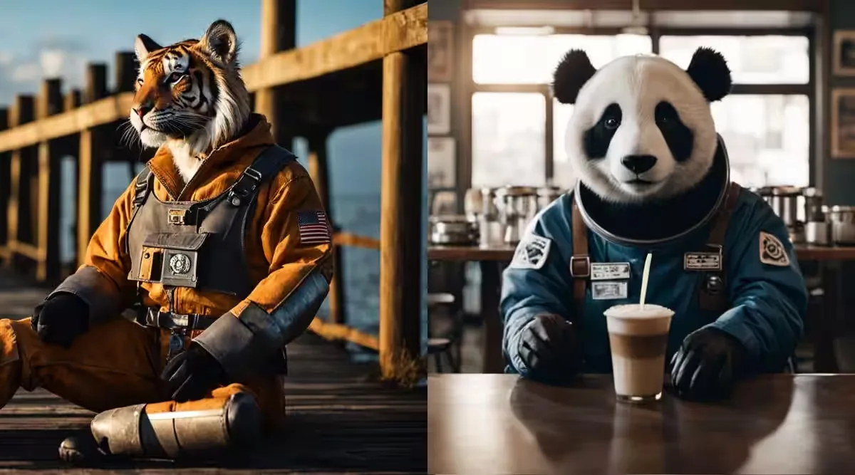Two AI-generated images: a tiger in work overalls on a dock and a panda astronaut in a cafe