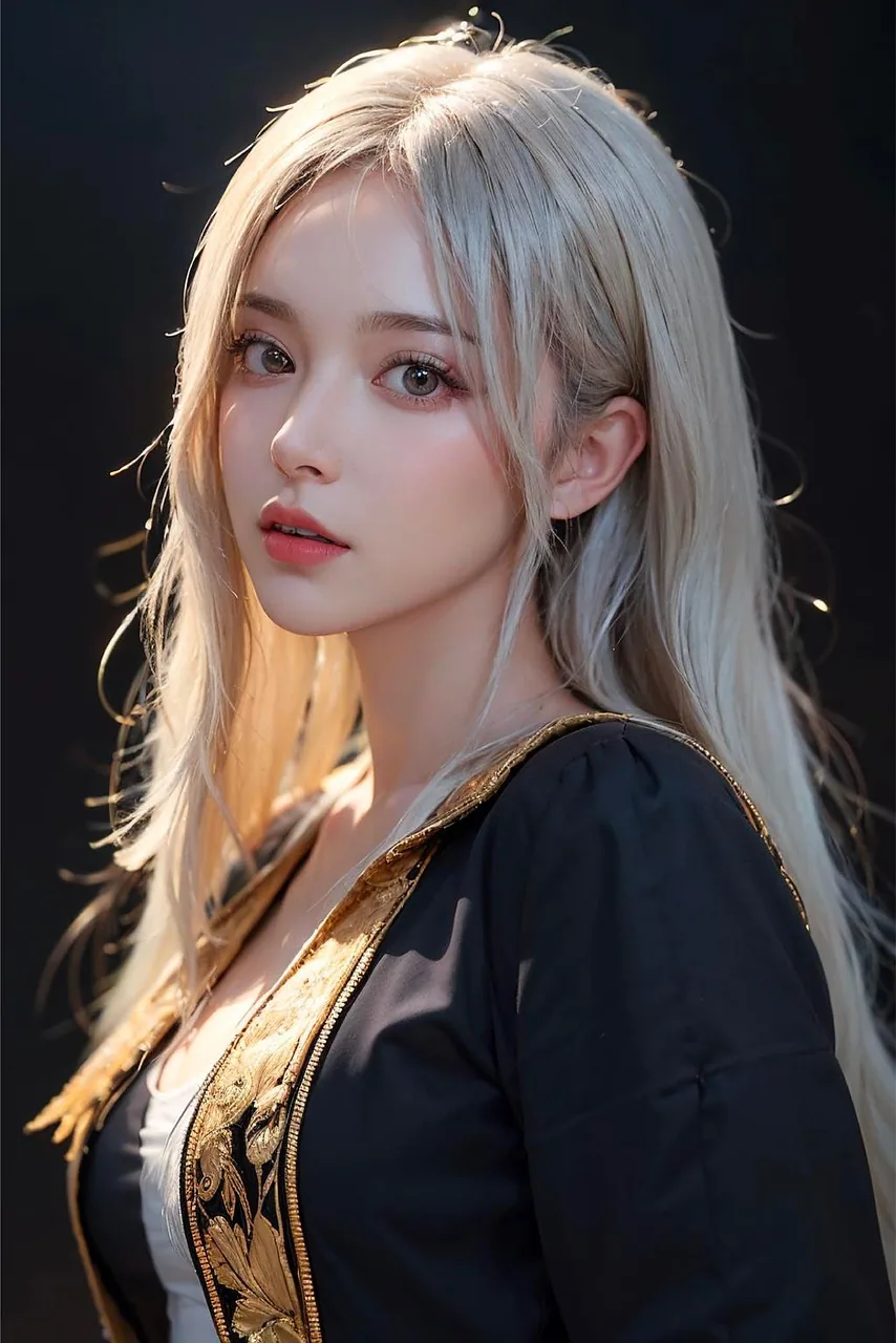 AI-generated portrait of a young woman with long white hair in a black and gold outfit