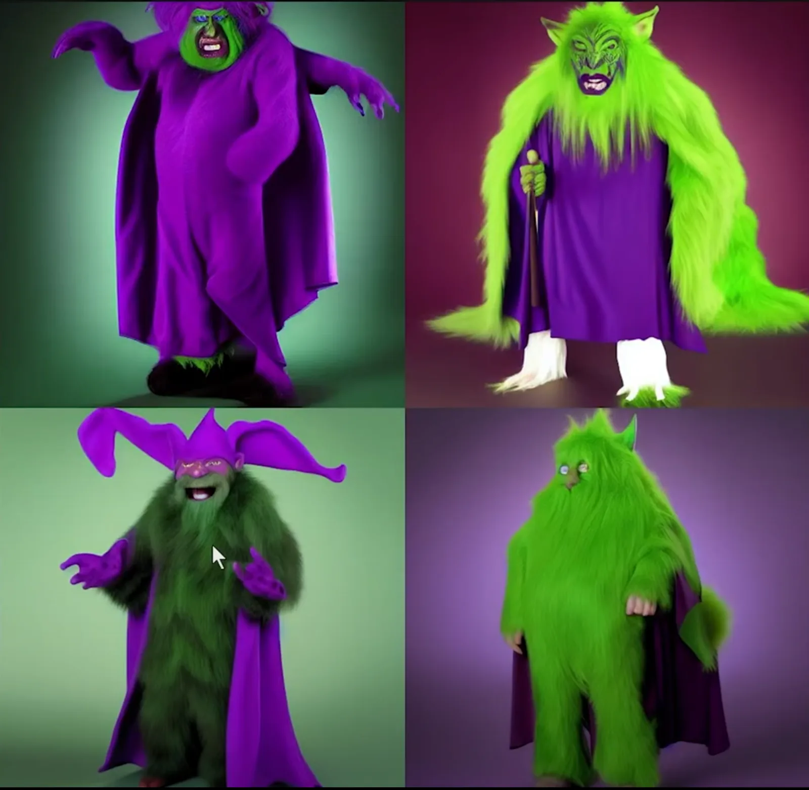 Four AI-generated variations of a green furry creature in purple robes from the ControlNet remix