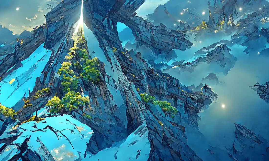 AI-generated artwork of a steep icy peak with green trees against a turquoise sky