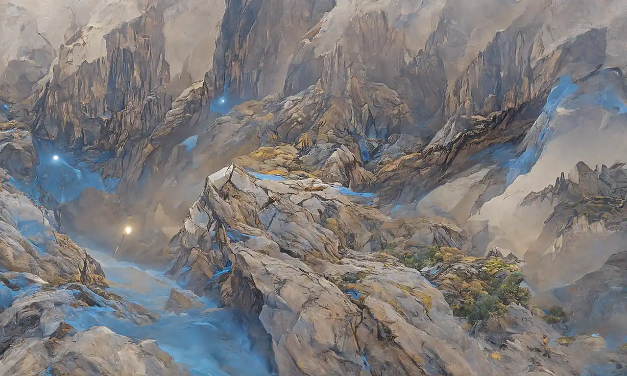 AI-generated Disco Diffusion artwork of craggy tan mountains with glowing blue rifts
