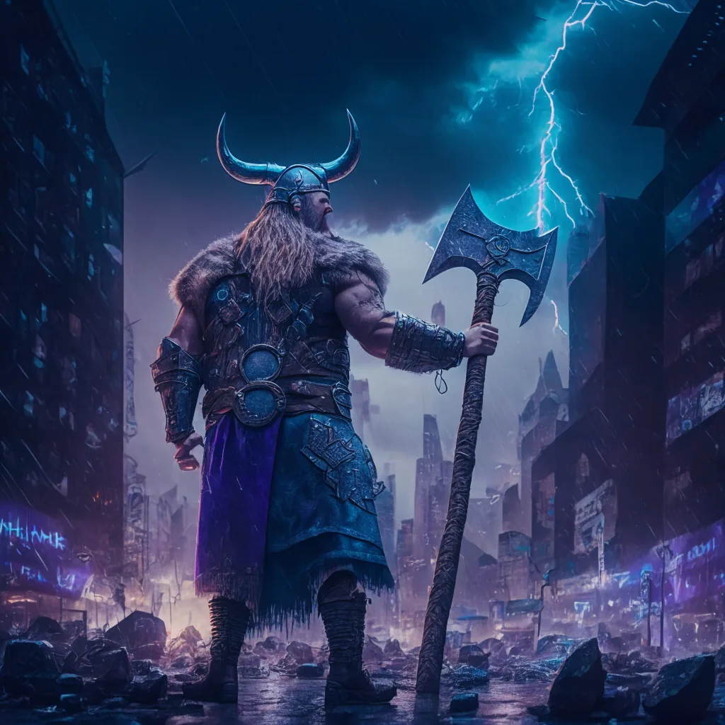 AI-generated image of a horned viking warrior with a battle axe in a neon-lit city