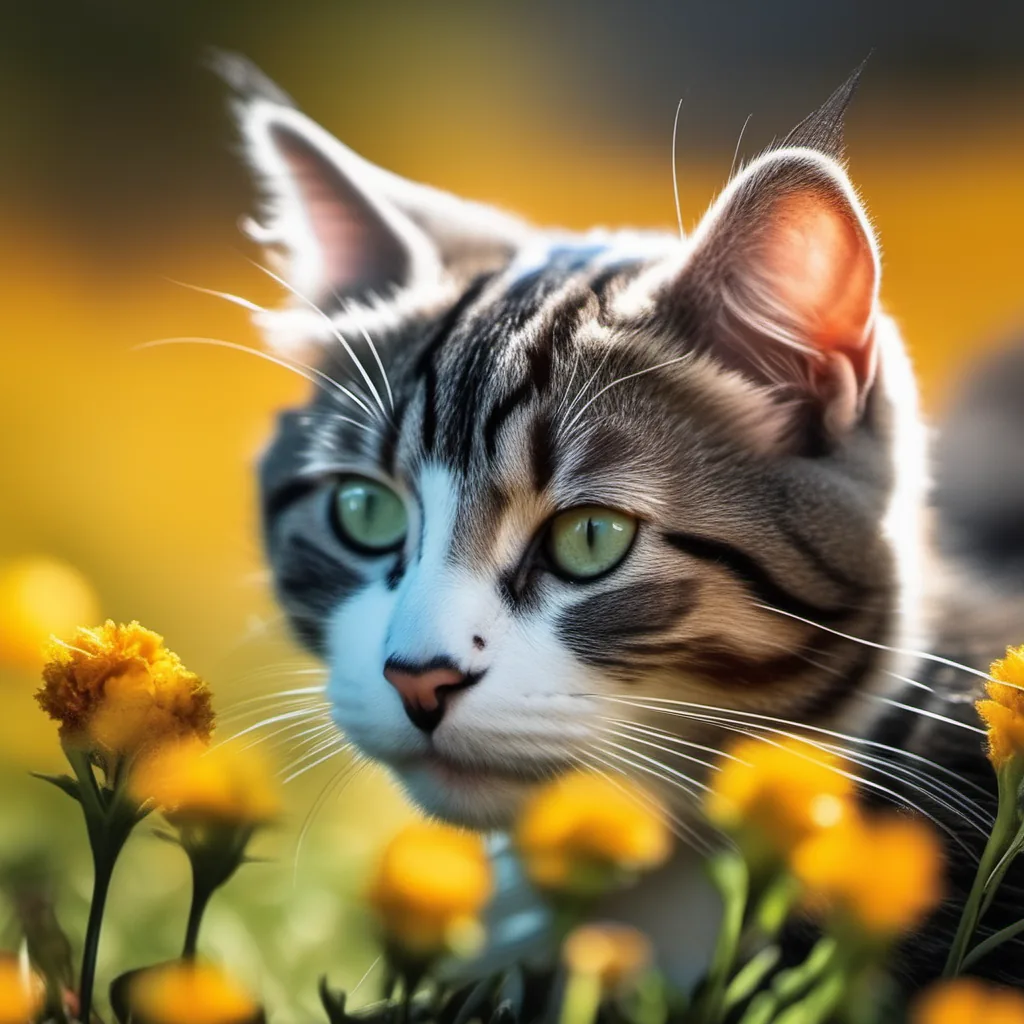 AI-generated close-up of a tabby cat with green eyes among yellow flowers