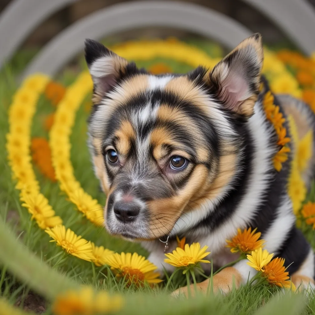 AI-generated puppy surrounded by spiraling rings of yellow flowers
