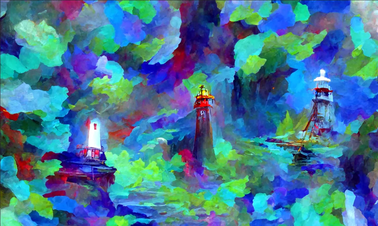 AI-generated painterly scene of three lighthouses amid swirling green and blue brushstrokes