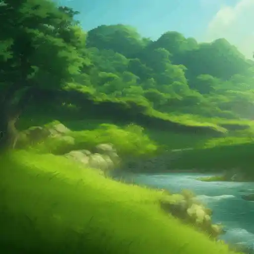 AI-generated animated scene of a lush green hillside with a tree beside a flowing river