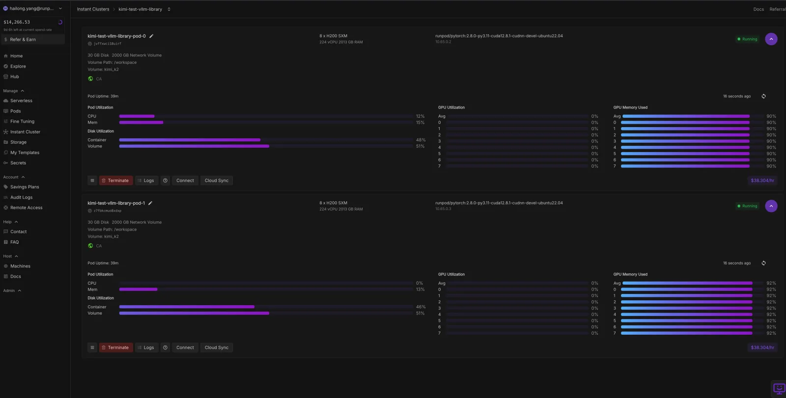 Runpod console Clusters view showing two 8x H200 pods with GPU utilization and memory metrics