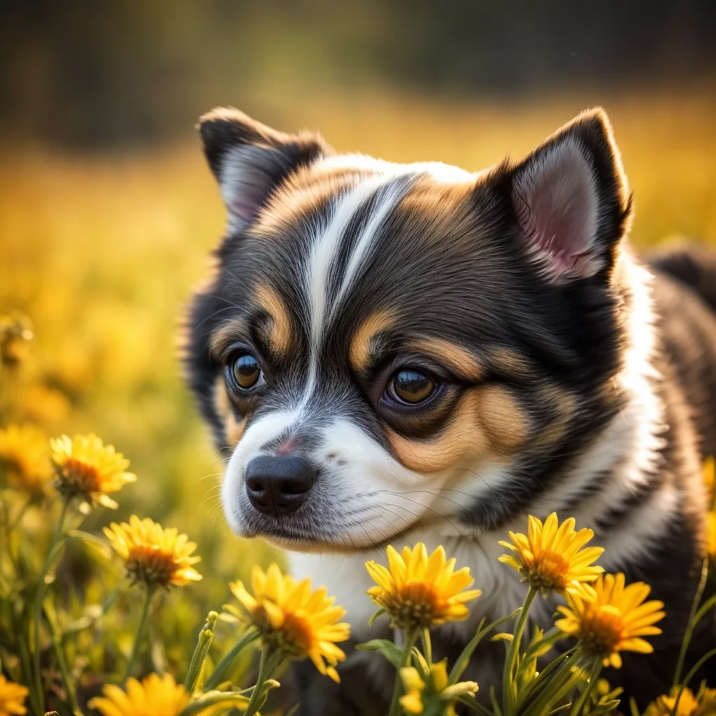 AI-generated puppy sniffing yellow wildflowers in a sunlit field