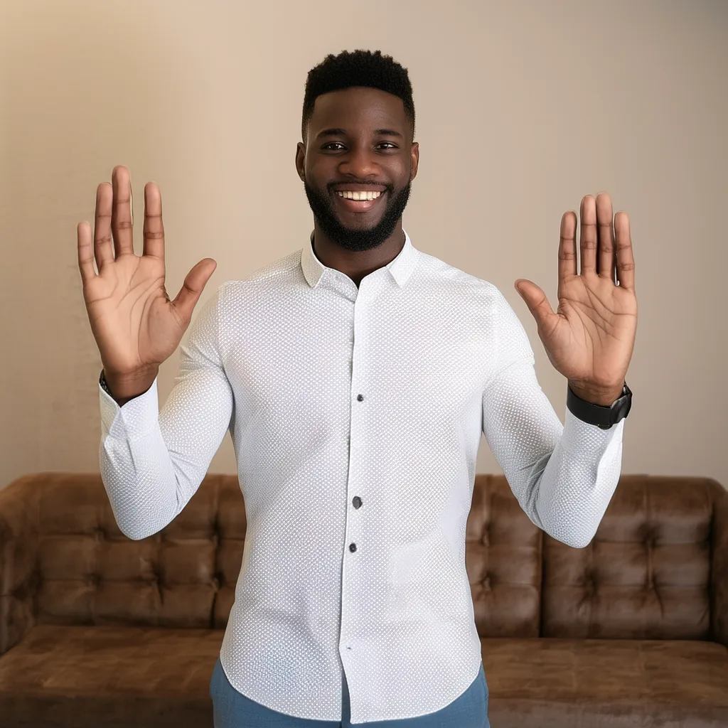 Prompt: "a man holding his hands up and smiling"
