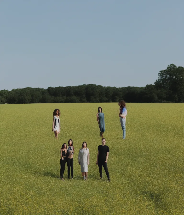 AI-generated image of people in a yellow field with two figures floating in the sky, a resolution artifact