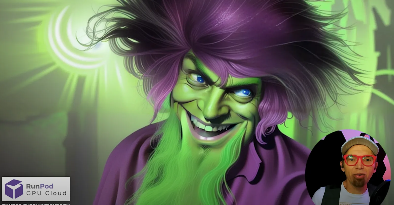 AI-generated grinning green-faced wizard with wild purple hair, with Runpod logo and presenter webcam overlay
