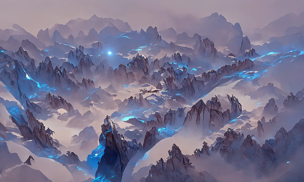 AI-generated artwork of jagged misty mountains laced with glowing blue light