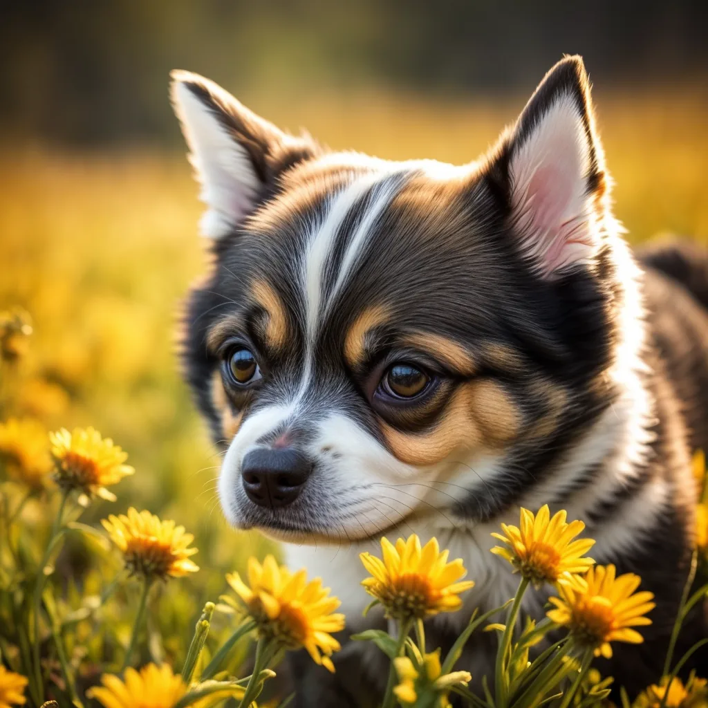AI-generated puppy sniffing yellow wildflowers in a sunlit field