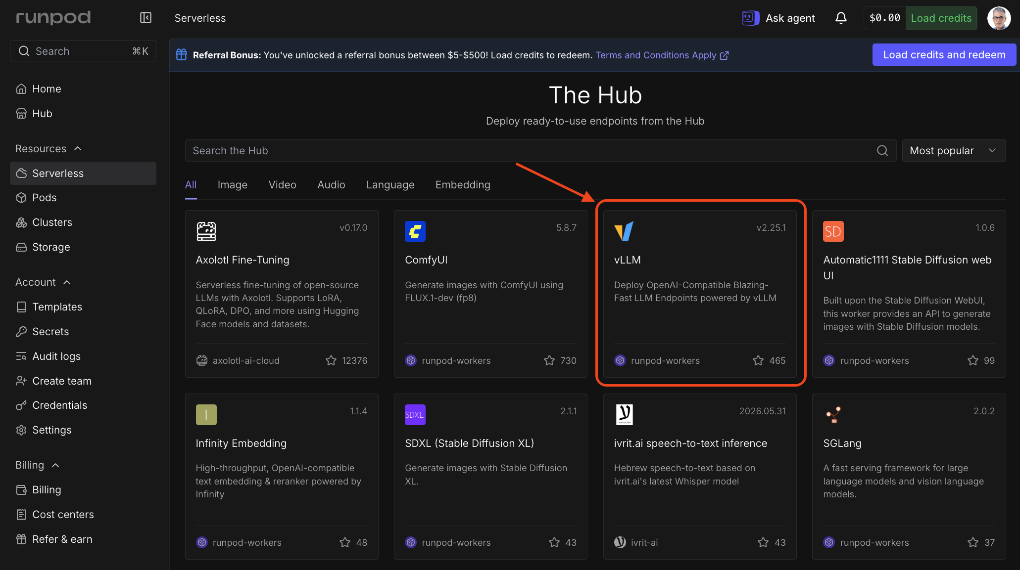 The vLLM worker deploy form in the Runpod Hub, showing the model and configuration fields.